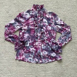 St. John Floral Ruffled Button-Front Blouse in Plum and Gray